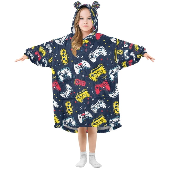 Game Controller Pattern Wearable Blanket Hoodie Oversized Flannel Soft Warm Cozy 3-14 Age Small