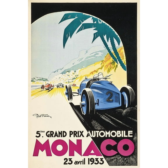 1933 Monaco Blue Race Car Vintage Style Grand Prix Racing Wall - 12x18 Inch Laminated Poster - Stunning Detail and Bold Colors