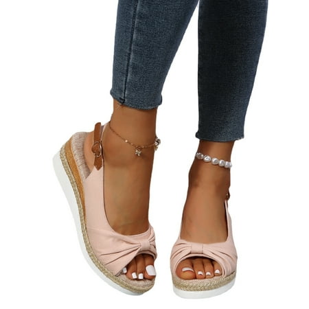 

Rotosw Women Wedge Sandals Platform Espadrilles Sandal Beach Slingback Bow Ankle Strap Pumps Shoes Party Casual Pink 9