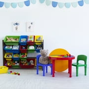 Humble Crew Storage Organizer with 16 Plastic Bins for Kids & Toddlers, Dark Wood/Primary