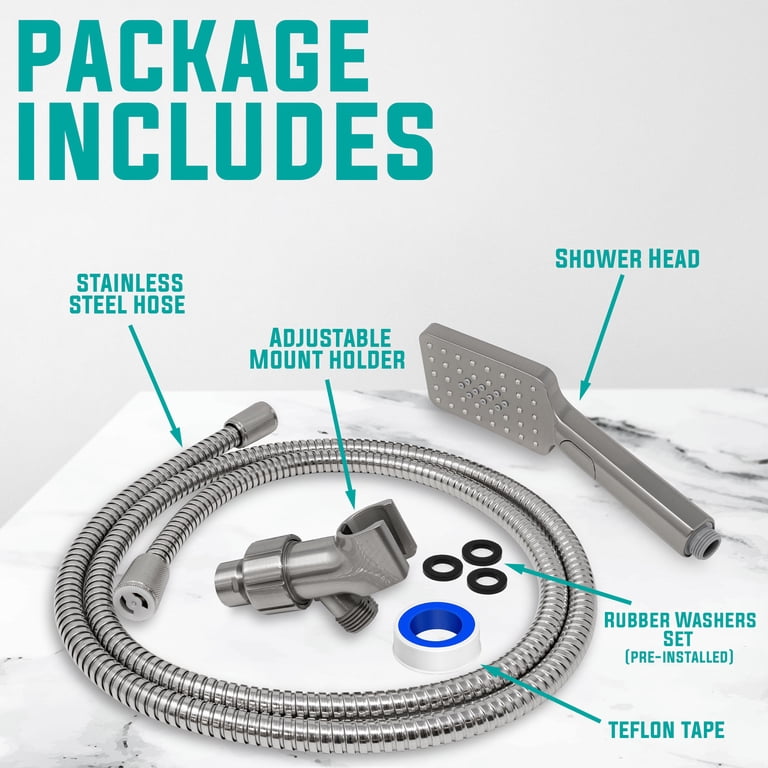 ComfortRain High-Pressure Handheld Shower Head – Rectangular Low Profile With Easy Clicker, 3 Sprays, Brushed Nickel