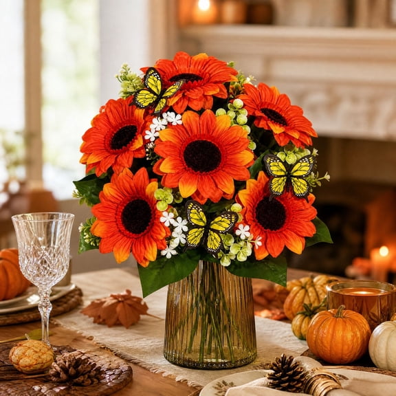 Cemetery Flowers for Grave Sunflower Artificial Flowers Faux Sunflowers with Daisy Poppy Fake Silk Flower Arrangements for Porch Home Kitchen Office Summer Fall Decor