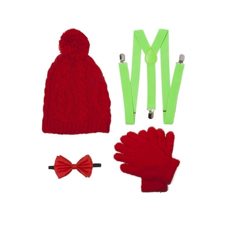 Christmas Caroling Elf Outift Kit (Pom Beanie, Suspenders, Bowtie, Gloves)