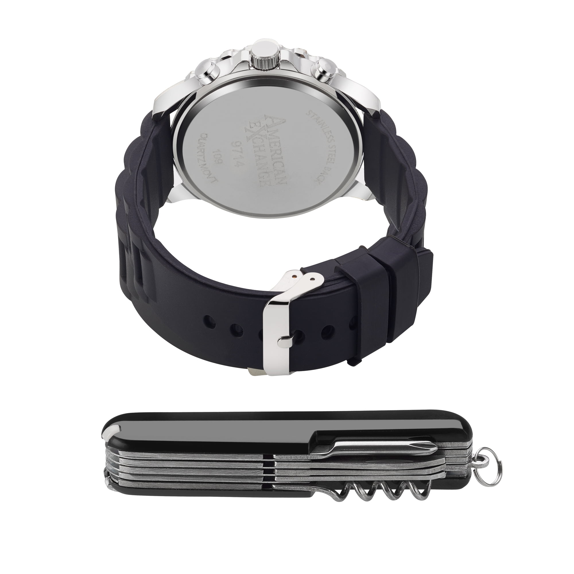 American Exchange Men's Black Rubber Strap 50mm Analog Watch & Multi-Purpose Tool
