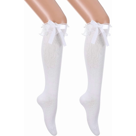White Knee High Socks for Women, Breathable Casual Cotton Knee-High Stockings with Lace Ruffle Trim, Soft Scrunch Bow Calf Socks for Girls Lady Womans, Size 5-9