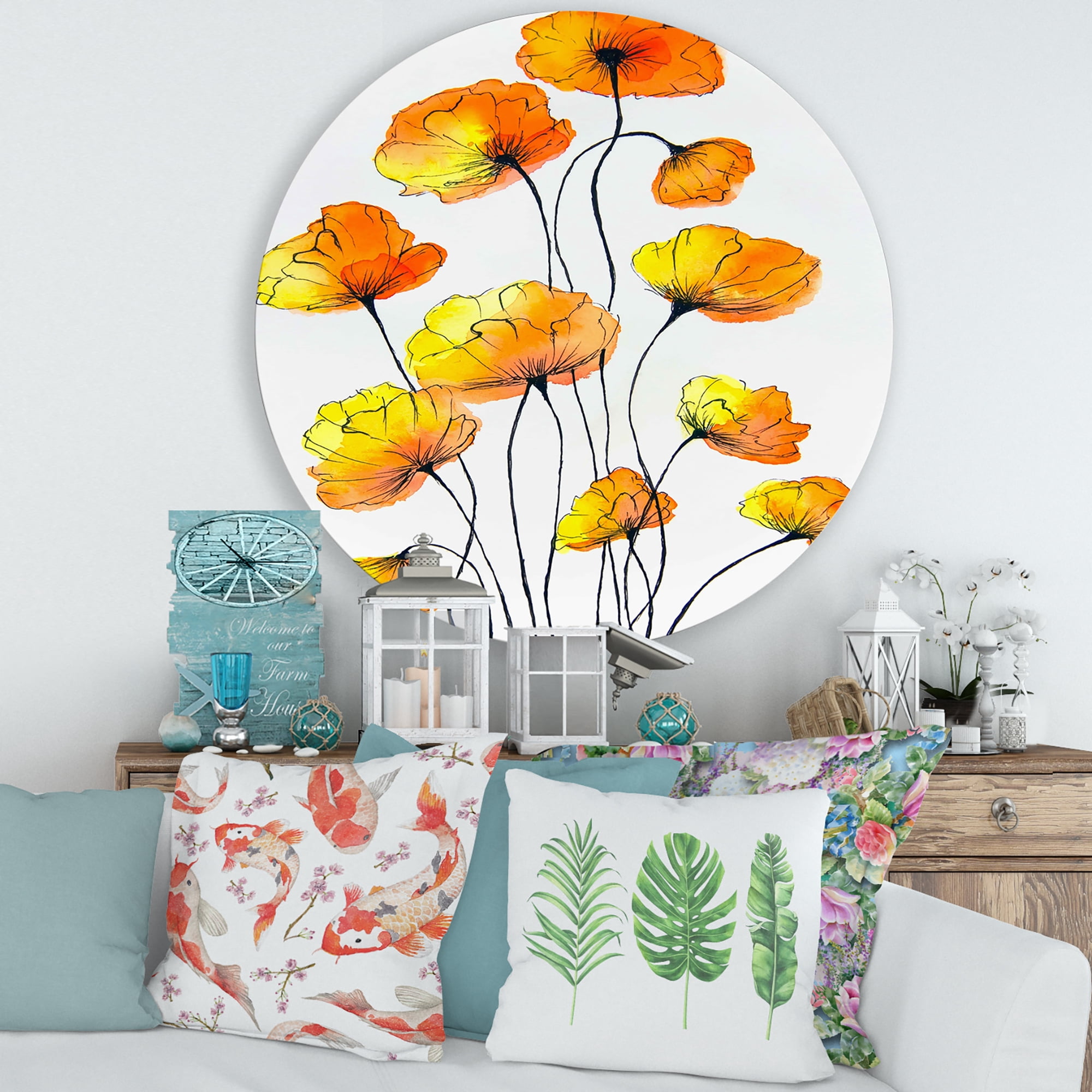 Designart 'Country Yellow Flowers On White' Traditional Circle Metal Wall Art 29x29 - Disc of 29