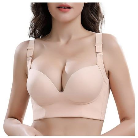 

PURJKPU Womens Bras Push Up Cozy Adjustable Plunge Bra Comfort Wirefree Seamless Brassiere Straps Stretch Soft Bralette Complexion 44E