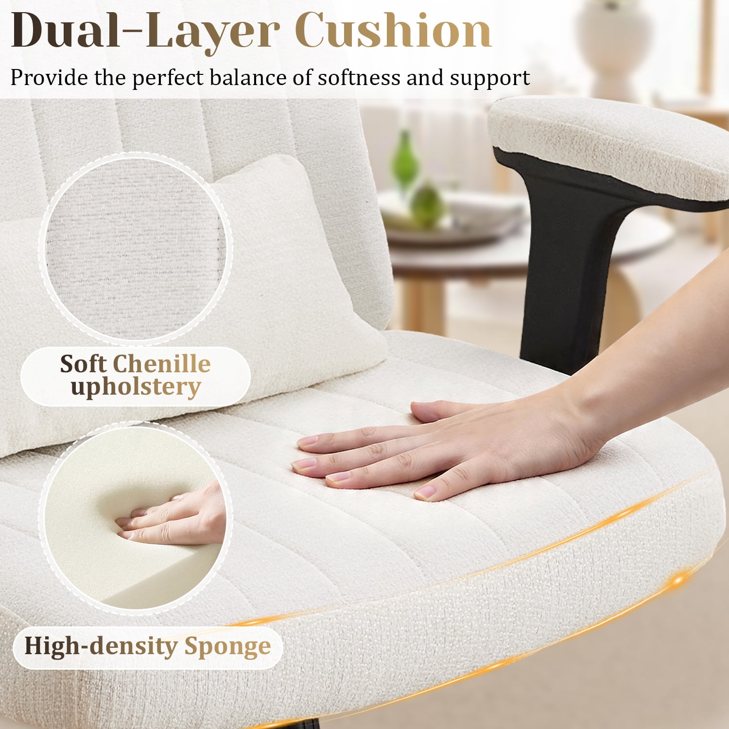 IPKIG Ergonomic Office Chair with Wheels and Flip-Up Arms, Wide Seat Swivel Desk Chair for Home Office, Computer, Vanity, Chenille Beige