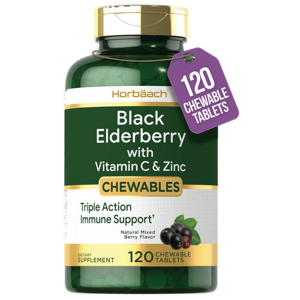Elderberry, Zinc, Vitamin C Tablets 120 Chewables Immune Support