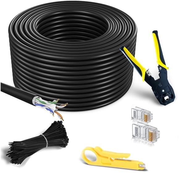 MutecPower Câble Réseau Ethernet Extérieur Étanche cAT6 100 m à Enfouissement Direct - UTP - ccA - 550 Mhz - Noir 100 Mètres avec Outil de Sertissage Connecteurs RJ45 et Attaches-Câbles