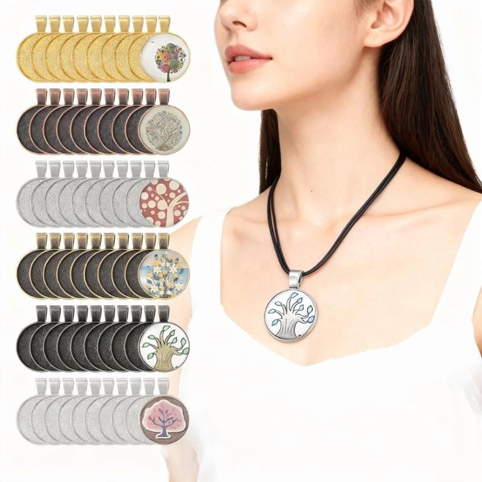 ANXPTIME 210Pcs Metal Round Pendant Glass Charm Hanging String Jewelry Making Set