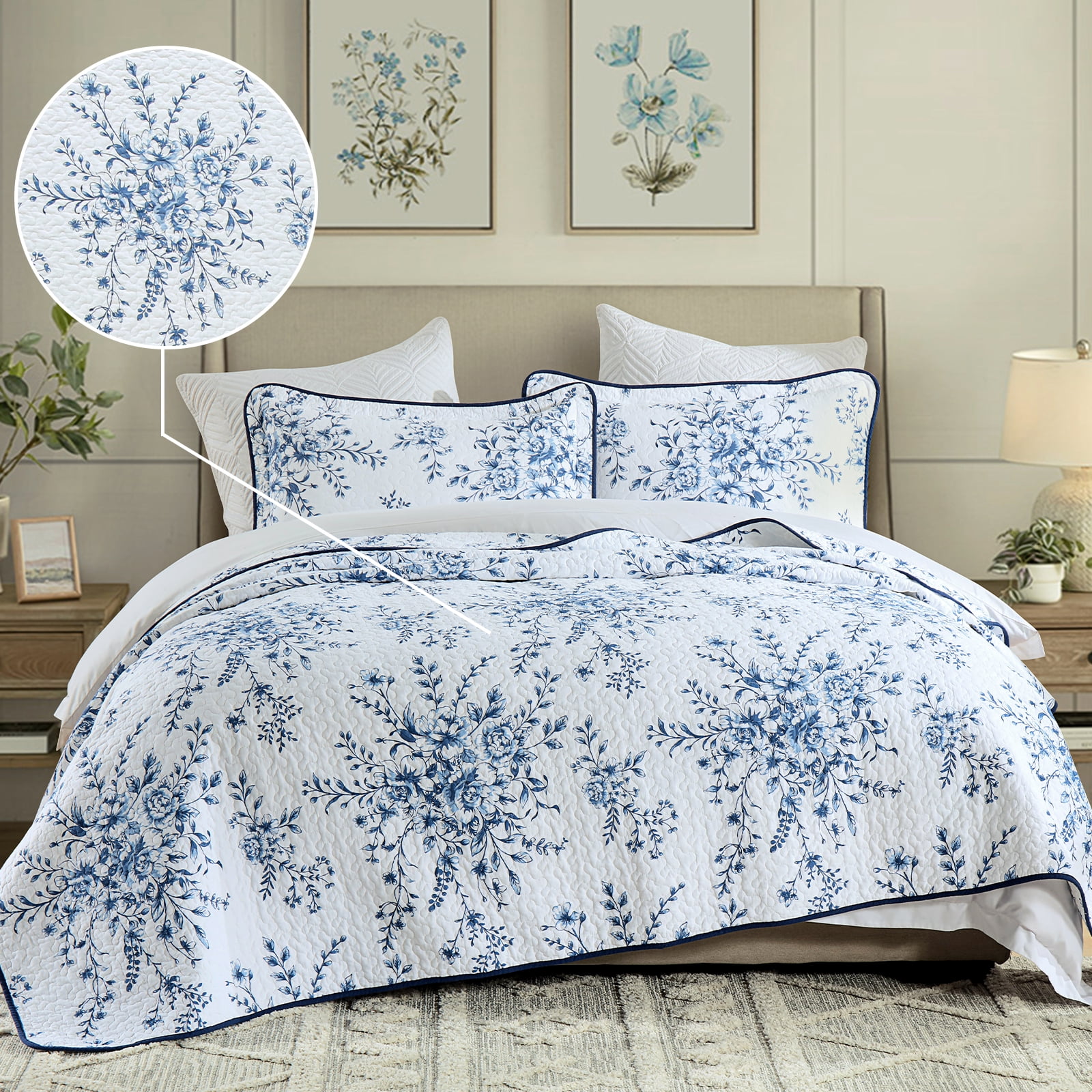 DDUOXIN Blue White Floral Quilt Bedspread, 100% Cotton Queen Size Quilt Set, Lightweight Reversible Bedspreads for Queen Bed, Flower Vintage Botanical Quilts, Coverlet 3-Piece Bedding Set, All-Season