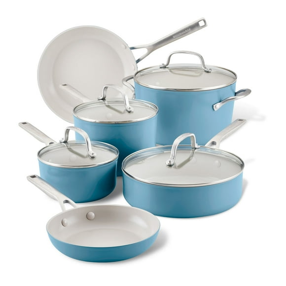 Juego de Ollas KitchenAid 10 pzs. Aluminio anodizado, antiadherente cerámico. Color azul Velvet