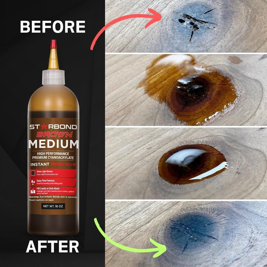 Premium Grade Cyanoacrylate (CA) Super Glue, Complete Refill Kit, Light Brown Medium Crack Filler 150 CPS Viscosity Adhesive, for Woodworking, Woodturning, Carpentry, 16oz (453g)