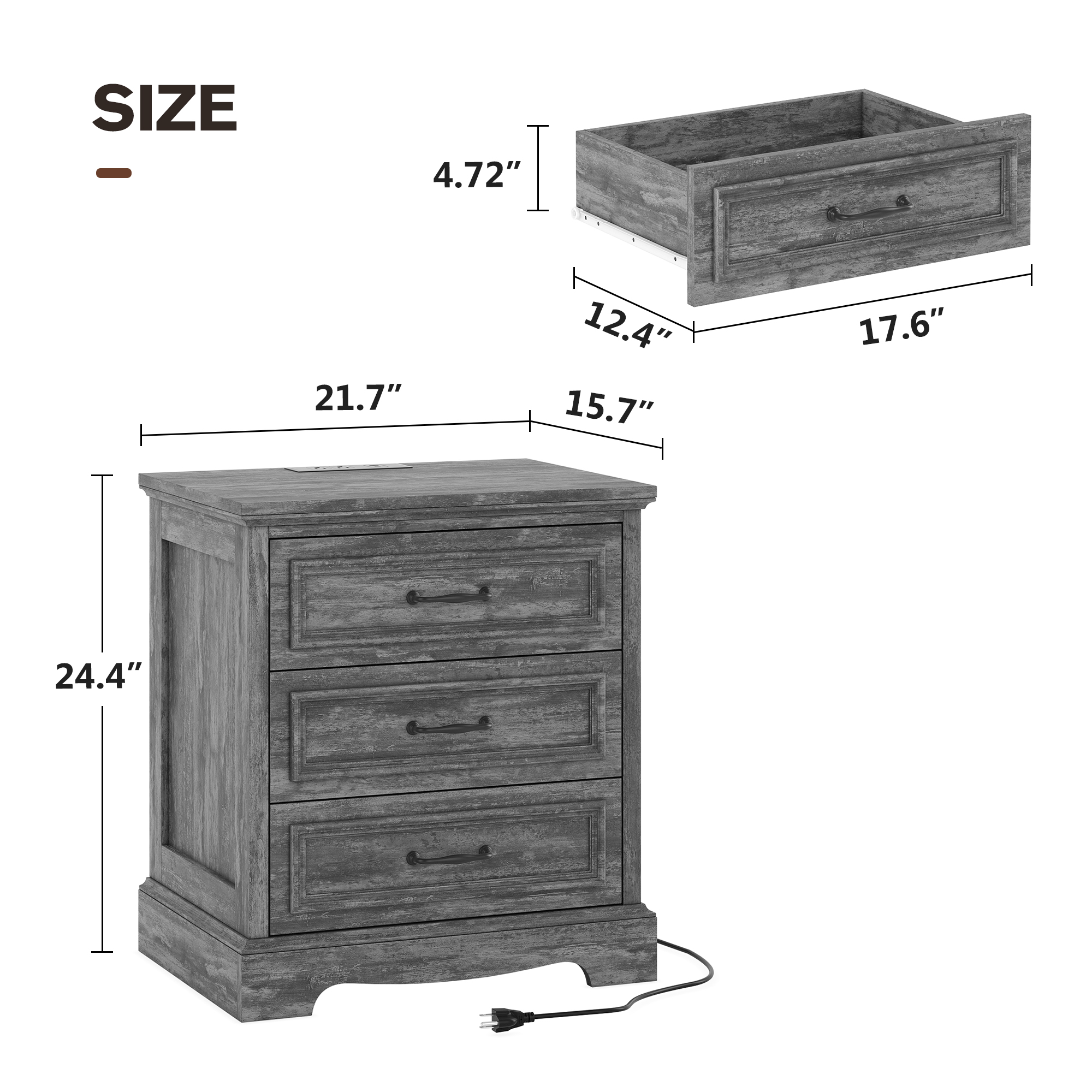 Farmhouse Nightstand with Charging Station, 3 Drawers Bedside Table for Bedroom for Adults, Dark Gray