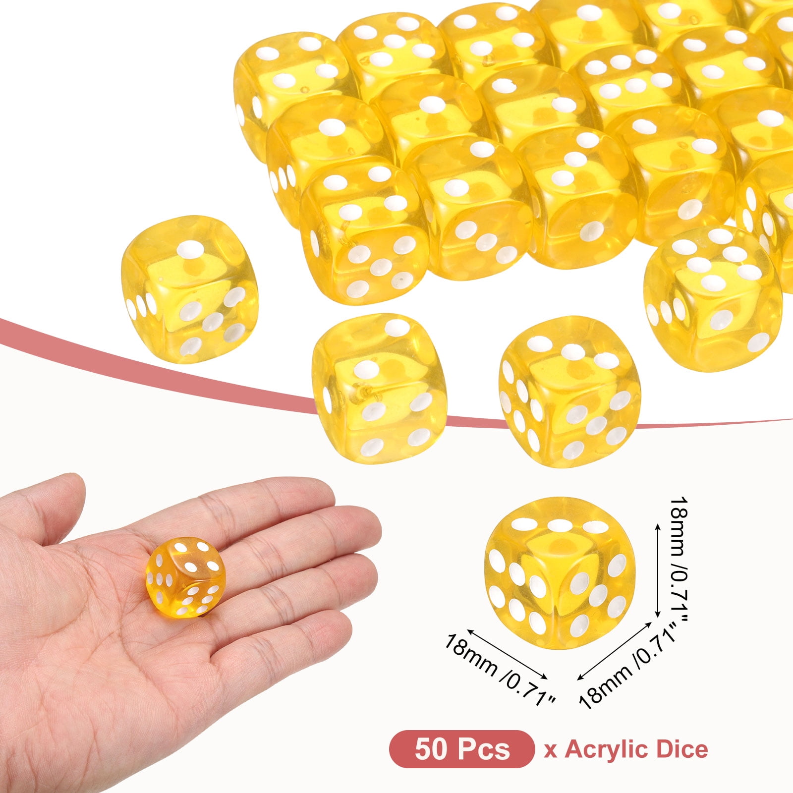 50Pack 6 Sided Acrylic Dice, 18mm/0.71" Rounded Corner Translucent Colored D6 Game Dice for Theme Party Fun Table Board Games, Yellow