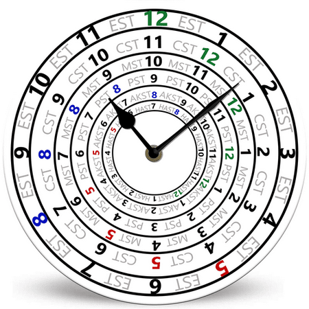 Lucidhisun US Time Zones Battery Operated Round Wood Silent Non Ticking Kitchen Wall Clock 10in, Unique/Funny Gift Time Zone Wall Clock for Kitchen Living Room Bedroom Bathroom