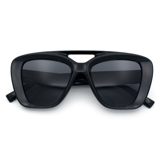 SA106 Women Oversized Thick Plastic Rectangle Cat Eye Flat Top Diva Sunglasses / All Black