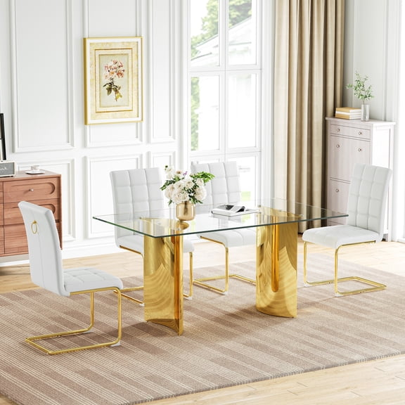 63" Rectangular Glass Dining Table Set, Arc-Shaped Mirror Stainless Steel Double Base and 4 PU Leather Dining Chairs, for Kitchen and Living Roomom