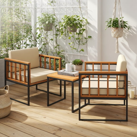 GVN 3 Pieces Patio Chair Set, Acacia Wood Outdoor Sofa Set with Soft Cushions-Beige