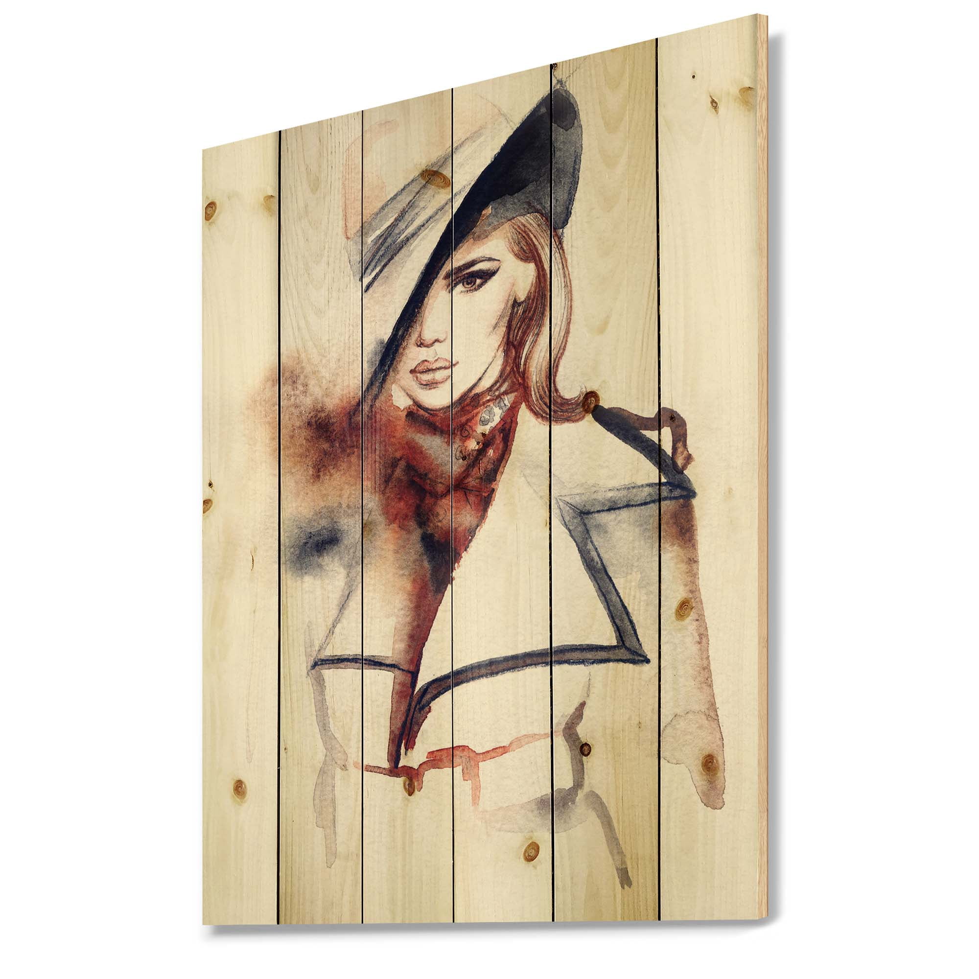 Designart 'Fashion Portrait of Woman Wearing Hat' Modern Print on Natural Pine Wood