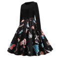 thumbnail image 3 of Navidad mujer Retro estampado Patchwork manga larga noche cuello redondo cremallera fiesta graduación vestido Vintage Fridja nbo1266, 3 of 7