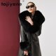 thumbnail image 2 of Chaqueta de piel auténtica de Tayikistán de alta gama para mujer, abrigos de piel de oveja auténtica de invierno con plumón de ganso blanco, cuello de piel de zorro grande, parkas largas y cálidas, 2 of 5