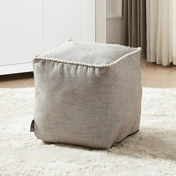 Unstuffed Pouf Ottoman , Square Pouf Cover for Storage Linen Fabric Decorative Ottoman Foot Stool for Foot Rest Washable Footstool Cover with Pom Trim Lace for Living Room (Only Cover)