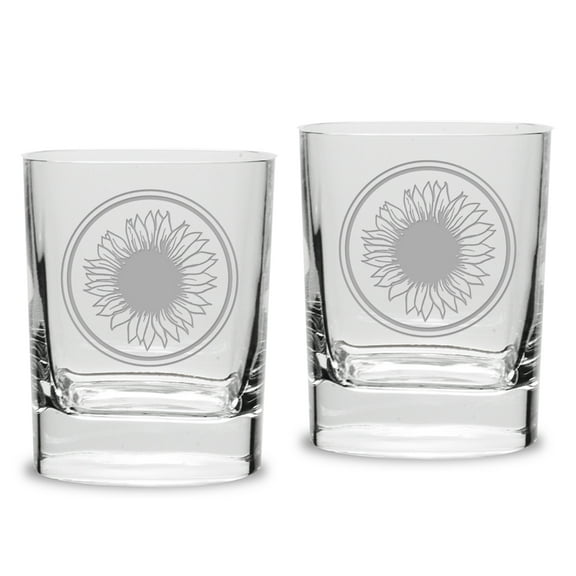 Sunflower Deep Etched Luigi Bormioli 11.75 oz Square Round Double Old Fashion Glass Set of 2