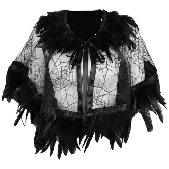 Lace Mesh Feather Cape Shawl, Black Gothic Shoulder Wrap, 192x45cm