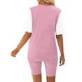 thumbnail image 4 of cfhntfmh Summer Outfits for Women Lounge V Neck Patchwork Short Sleeve Loose Shirts Slim Shorts 2 Piece Casual Sets, 4 of 6