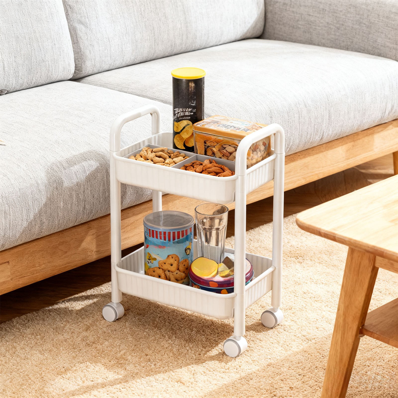 ROLKFUK 2-Tier Rolling Storage Cart White, Lockable Casters Mobile Storage Cart, Tool-Free Assembly Lightweight Plastic Cart for Kitchen Bathroom Dorm Office Pantry