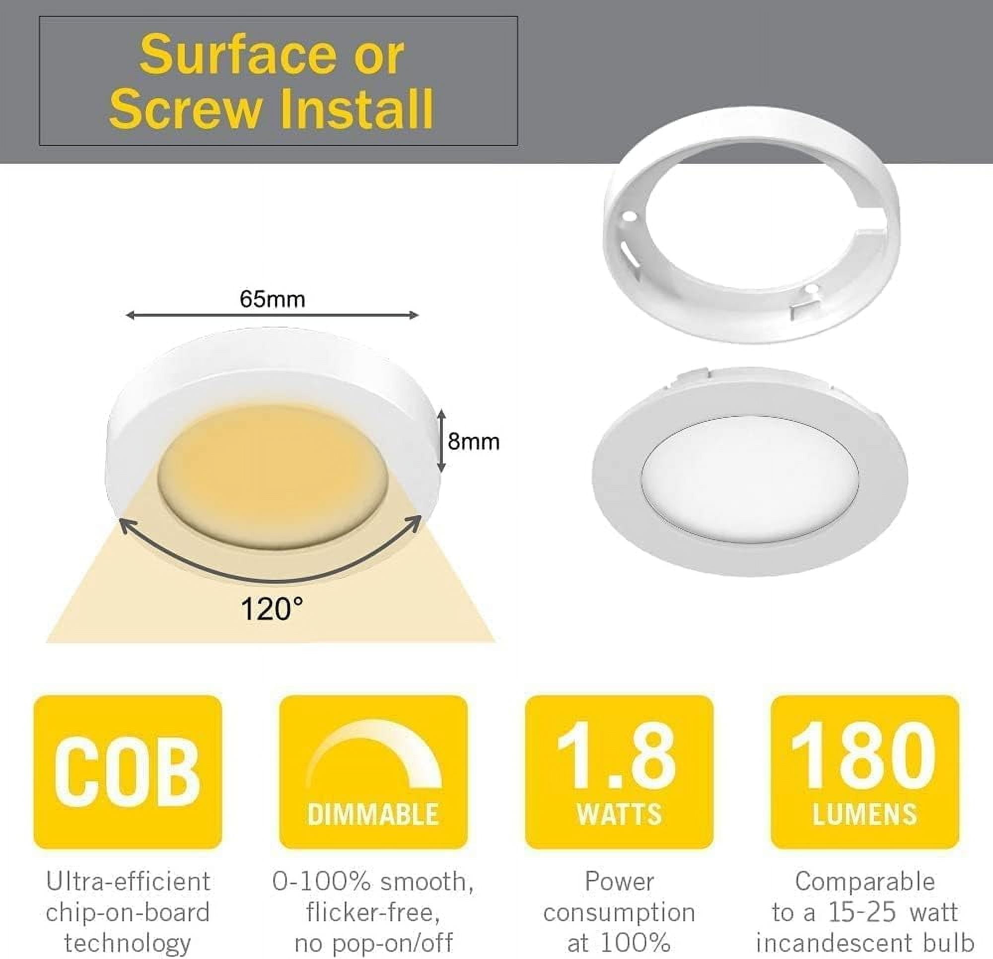 VST Under-Cabinet LED Lights, 2W (20W Total), Wired Touch Dimmer Puck Lights Fixtures, Recessed or Surface Mount, 4000K, 10 Pack，Black