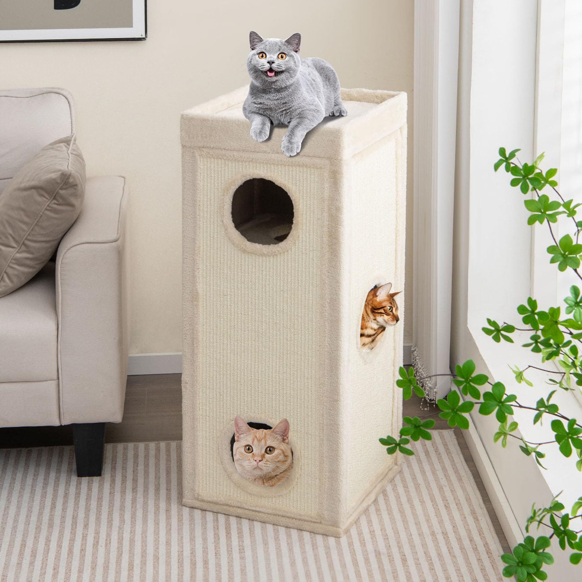 Kadyn 39" Indoor Cat Cave Bed, Cat House Scratcher Furniture, Cat Condo with Scratching Posts, 3 Hideaways, 4 Soft Plush Cushions, Beige