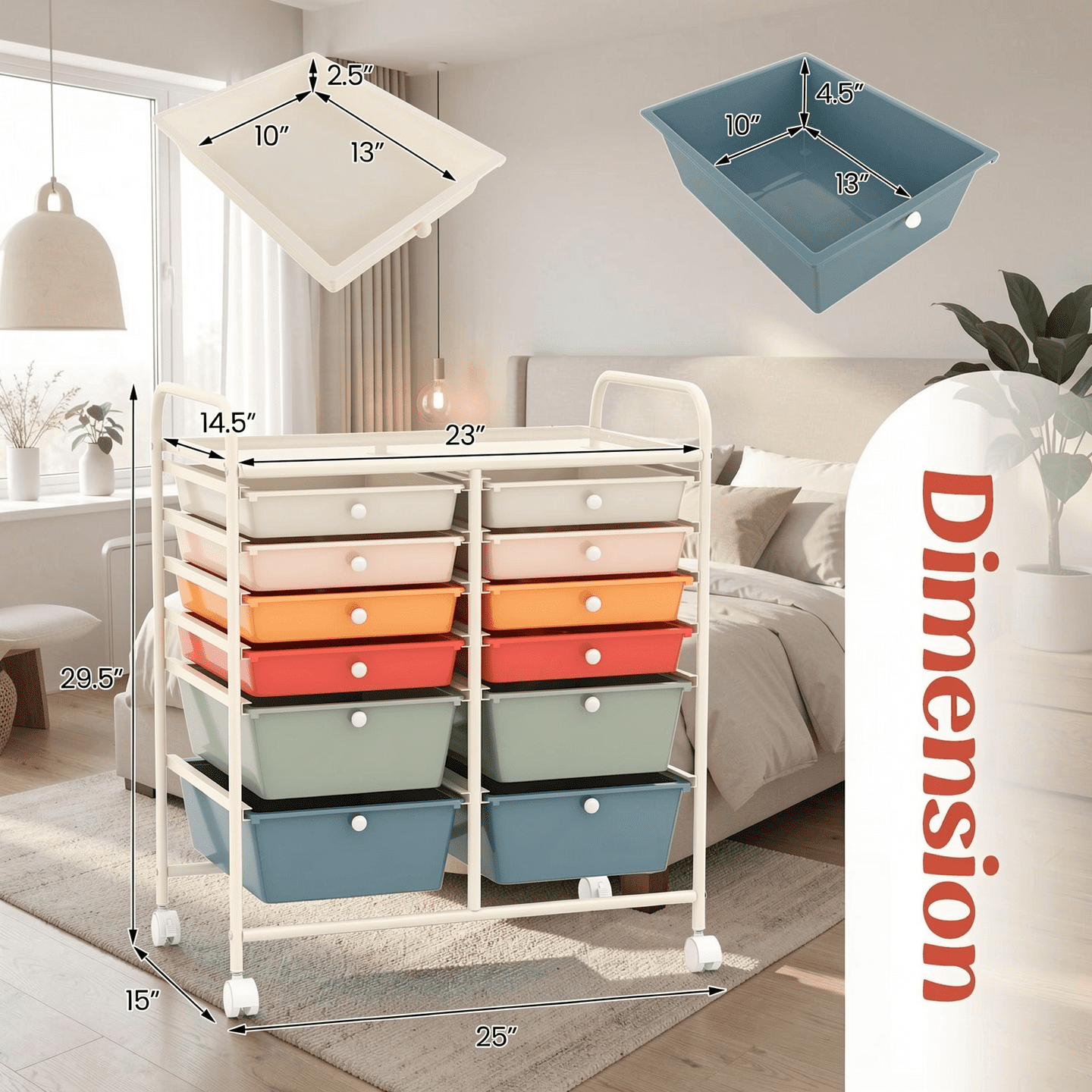 Furnibear 12 Drawer Rolling Storage Cart Studio Organizer Metal Utility Cart on Wheels with Removable Drawers and Lockable Wheels for Home Office Craft Room and Classroom, Deep Multicolor