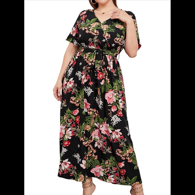 Vestido de Verano Holgado Informal de Corta con Corte A y Corte en A para Mujer, Talla Grande Negro XXL