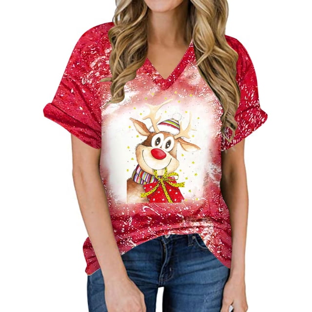 Camisetas de manga corta con cuello en V de alce de Navidad sueltas casuales para mujer Tops de mujer para hombre Pompotops hkajfhjk473245