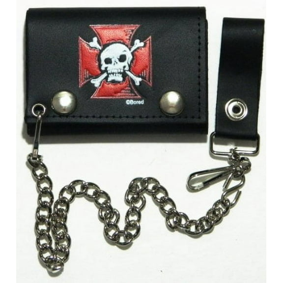 Choppers Skull Crossbones Biker Chain Leather Wallet Tri Fold