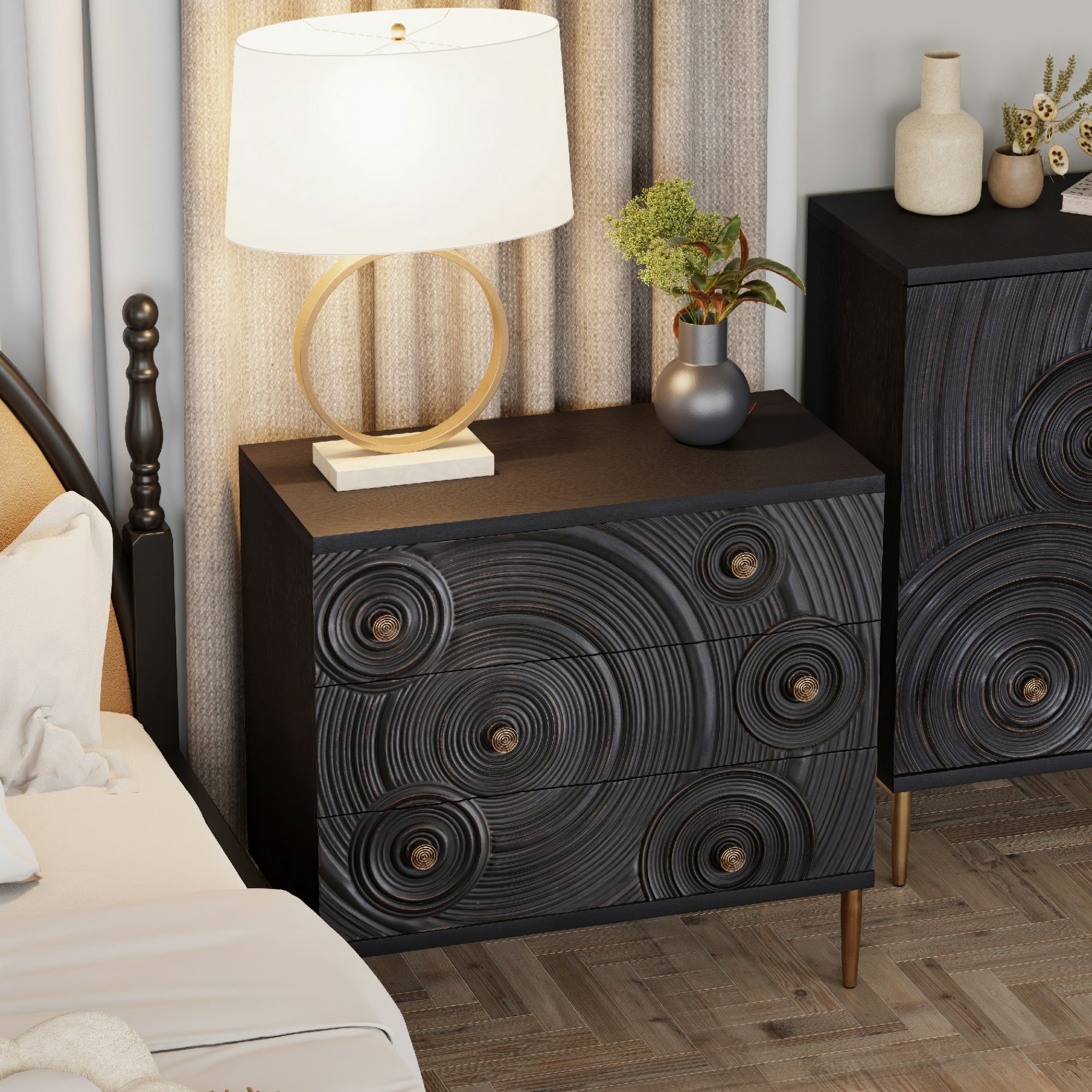 COZAYH Embossed 3 Drawer Farmhouse Dresser with Ring Motif, Distressed Boho Nightstand for Bedroom, Entryway, French Country, Black & Gold