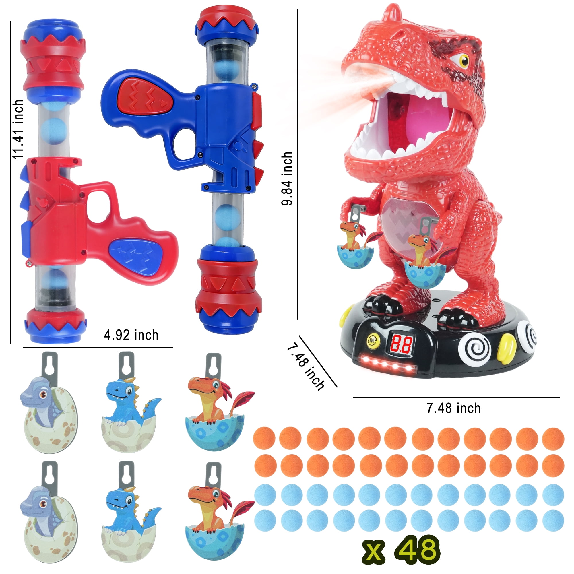 JUGAAD LIFE Dinosaur Shooting Toys for Kids, Movable Target Shooting Games with 2 Air Pump Blasters, 48 Foam Balls and LED Score, Birthday Gifts for 3 4 5 6 7 Years Old Boys - Orange