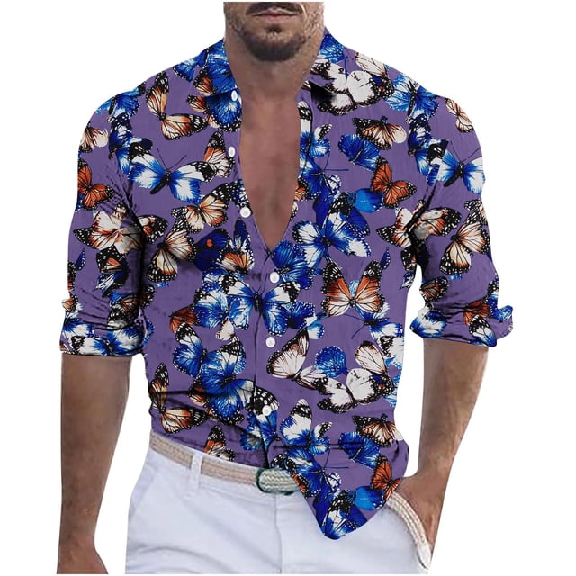Blusa y camisa de manga larga con cuello vuelto para hombre, informal, a la moda, con botones, estampado, de poliéster