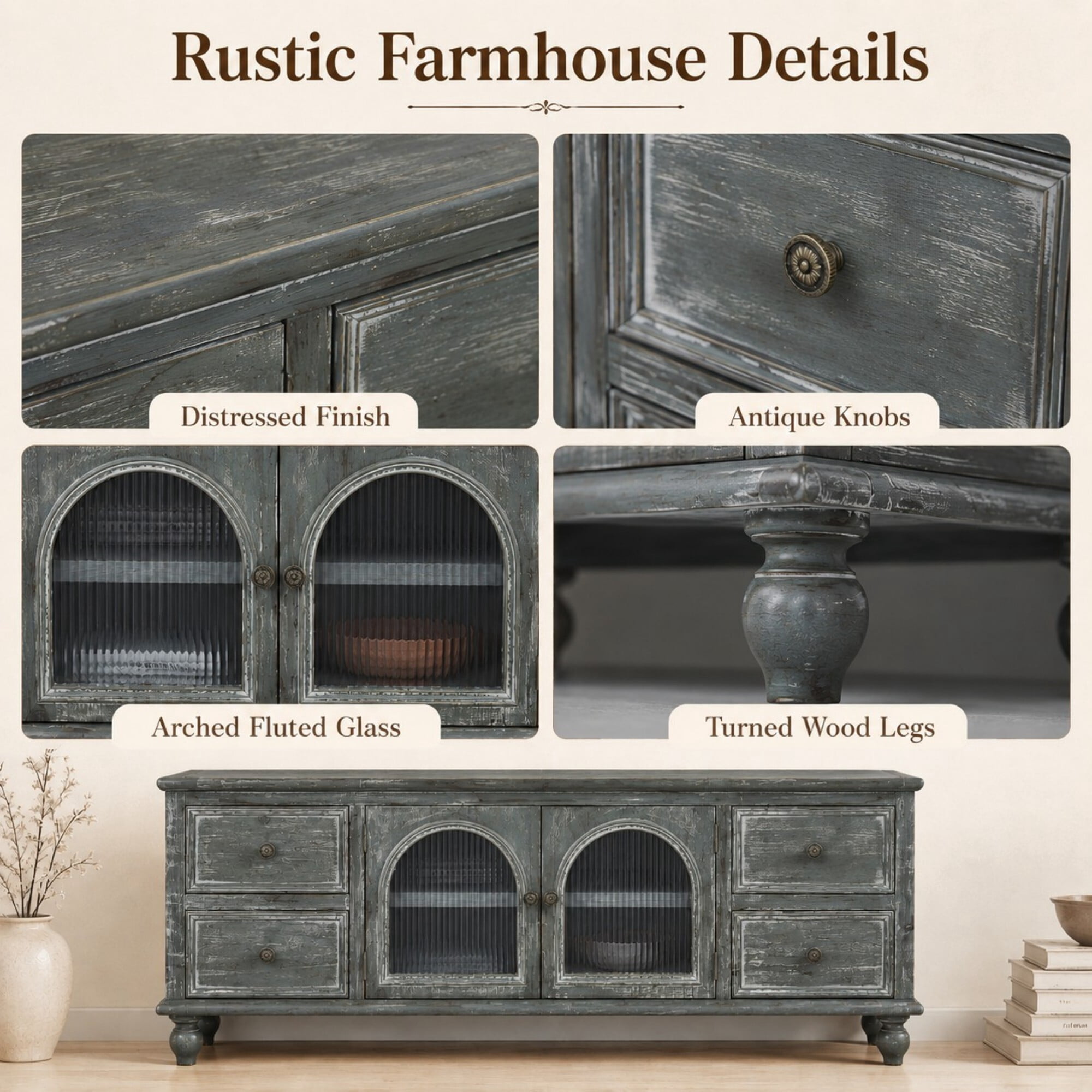 DEALTOPS 60 Inch Farmhouse TV Stand with 4 Drawers & 2 Glass Doors, Rustic Media Console – Weathered Oak