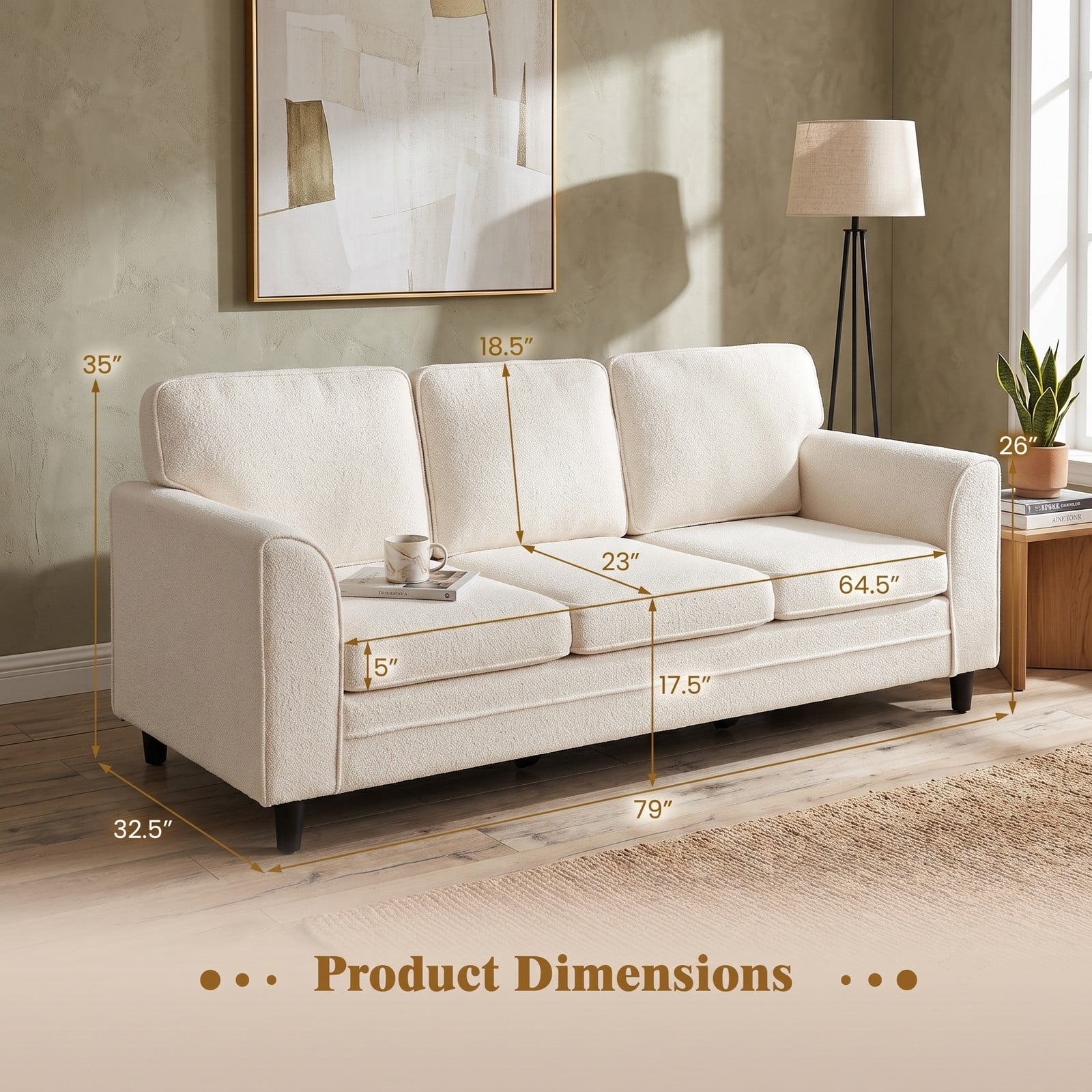 Furnibear Modern Teddy Velvet 3-Seat Sofa, Upholstered Couch with Comfy Back Pillows and S-Spring Support for Living Room Bedroom Office, 485 lbs Capacity, White