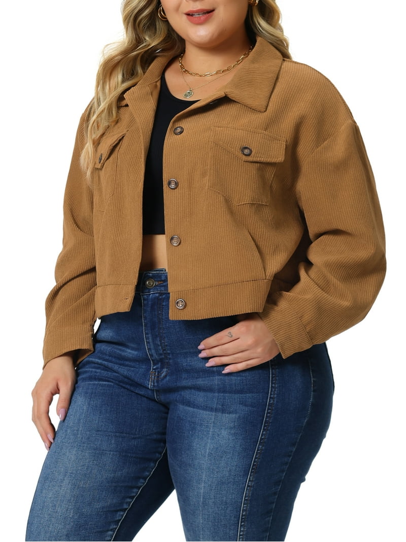 Bargains women's Plus Size Cropped Corduroy Shacket Jacket Brown