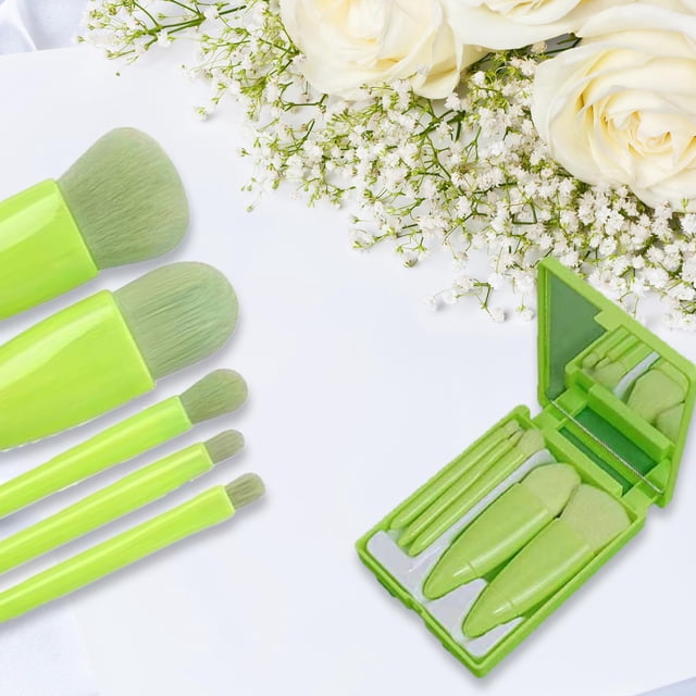 5-Piece Portable Makeup Brush Set with Mirror Box, Professional Cosmetic Brushes, Green