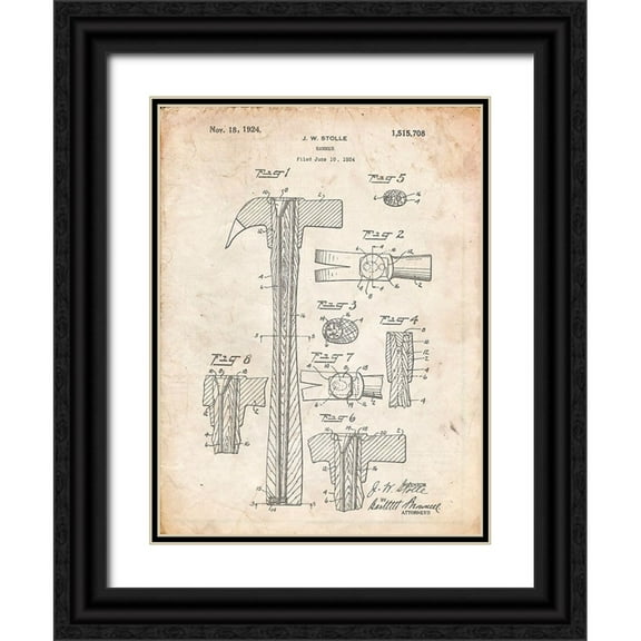 Borders, Cole 12x14 Black Ornate Wood Framed with Double Matting Museum Art Print Titled - PP275-Vintage Parchment Claw Hammer Patent Poster