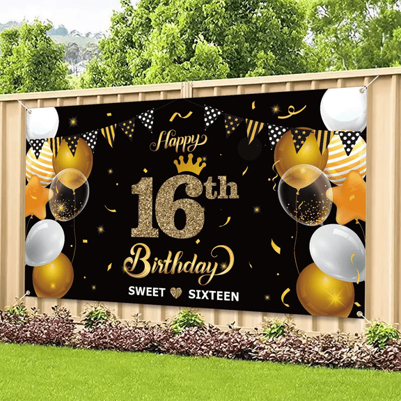 GROBRO7 Happy 16th Birthday Banner, 78x45 in, Black Gold Party Backdrop,1 Count