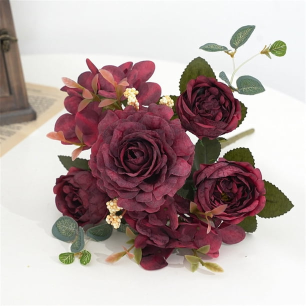 Ramo de peonías artificiales de seda LYCAQL, 1 manojo de flores a granel para decoración del hogar, bodas, fiestas, centros de mesa para recepción de boda, rosas, flores de seda, ramo atado a mano