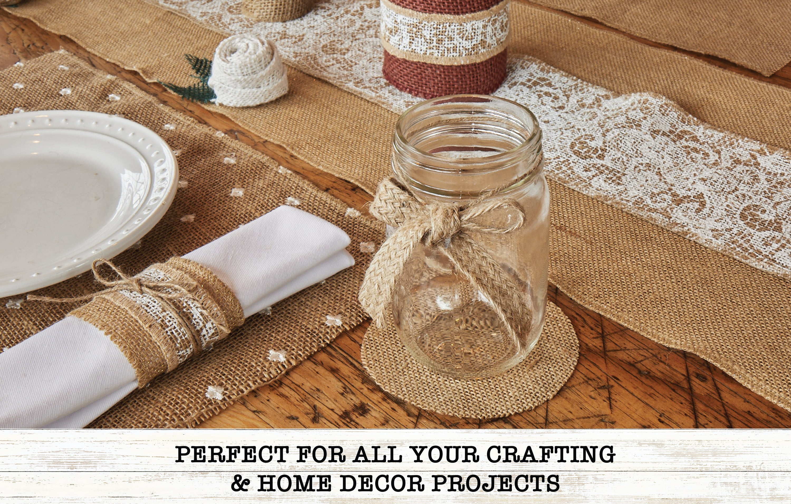 Love, Laugh, Craft Natural Jute Burlap Table Runner Roll, Finished Edges, 12"Wx3-Yds, Silver Foil