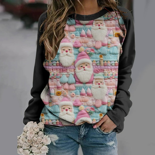 Aqestyerly Haut de Noël pour Femme Blouse à Manches Longues Imprimée de Noël Col Rond Tunique Décontractée
